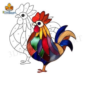 May include: A stained glass rooster with a red, orange, yellow, blue, green, and purple color scheme. The rooster is numbered 1 through 30, indicating the different pieces of glass.