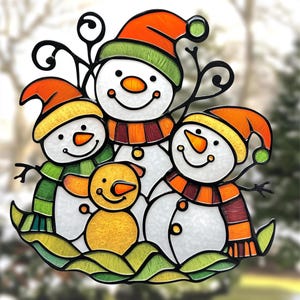 May include: Four snowmen, one small, are depicted in a stained glass style. The snowmen are wearing colorful hats and scarves. The background is a blurry image of a window.