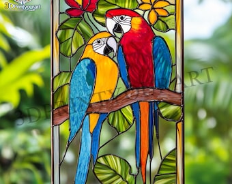 オウムのステンドグラスプリントセット：鮮やかな鳥の絵5枚（デジタル