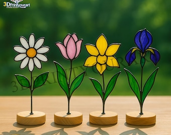 Digital Download Stained Glass  Set 4 Flower R32 Pattern | Festive Suncatcher Design | Hobby License Download