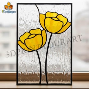 May include: Stained glass panel featuring two yellow flowers with black stems and outlines. The flowers are set against a textured, translucent background within a black frame. The logo "3DPrintYourArt" is visible.