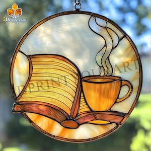 Digital Download Stained Glass Books and coffee Pattern | Festive Suncatcher Design | Hobby License Download