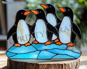 Digitale download pinguïn x4-patroon van gebrandschilderd glas | Feestelijk suncatcher-ontwerp | Hobbylicentie downloaden