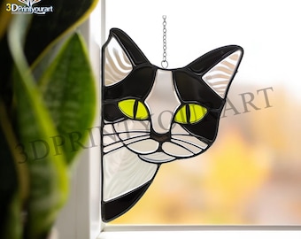 Digital Download Stained Glass Cat Peeking Pattern | Festive Suncatcher Design | Hobby License Download