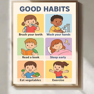 Könnte beinhalten: Ein gerahmtes Poster mit den Worten „GUTE GEWOHNHEITEN“ oben. Das Poster zeigt sechs farbenfrohe Illustrationen, die Kinder bei gesunden Gewohnheiten zeigen: Zähneputzen, Händewaschen, Lesen, Schlafen, Gemüse essen und Sport treiben.