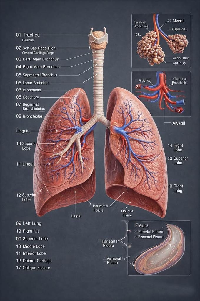 Human Lung Anatomy Poster Detailed Respiratory System Diagram Medical ...