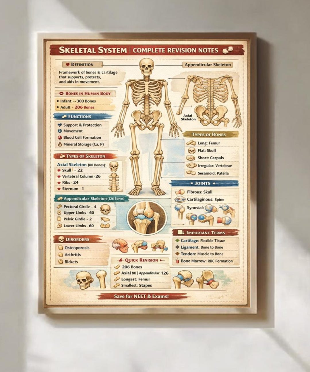 Human Skeletal System Poster Vintage Anatomy Chart Educational Wall Art ...