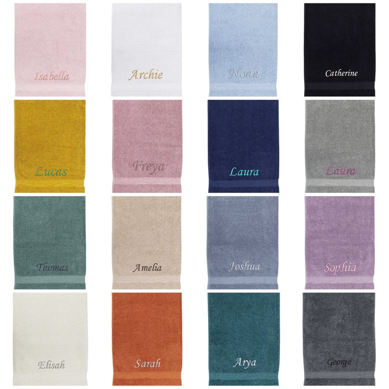 May include: A set of 16 towels in various colors with names embroidered on them. The names include Isabella, Archie, Noah, Catherine, Lucas, Freya, Laura, Thomas, Amelia, Joshua, Sophia, Elisah, Sarah, Arya, and George.
