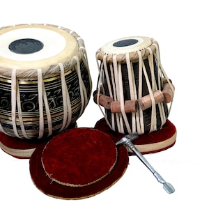 Brass Tabla Set , Indian Drum , embroidery Brass Bayan and Sheesham Dayan Tabla Bag Hammer Cushions Cover Tabla Indian Drums (Made in India)