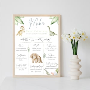 Personalisiertes Meilensteinposter zum ersten Geburtstag mit Dinosaurier per PDF Datei oder ausgedruckt A4 opt. mit Bilderrahmen