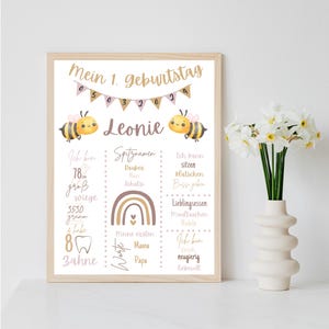 Personalisiertes Meilensteinposter zum ersten Geburtstag mit Bienen als Ausdruck oder per PDF optional mit Bilderrahmen