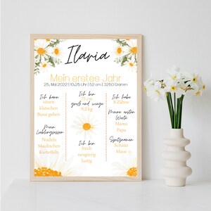 Personalisiertes Meilensteinposter zum ersten Geburtstag mit Gänseblümchen per PDF Datei oder ausgedruckt A4 opt. mit Bilderrahmen