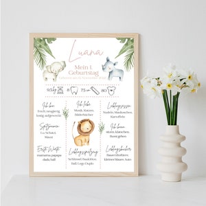 Personalisiertes Meilensteinposter zum ersten Geburtstag mit Safari Tiere per PDF Datei oder ausgedruckt A4 opt. mit Bilderrahmen