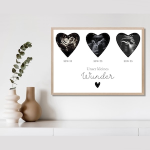 Poster Ultraschallbild dreifach Herz personalisiert | Erinnerung Schwangerschaft per PDF Datei oder ausgedruckt A4 optional mit Bilderrahmen