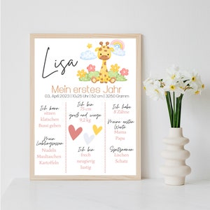 Personalisiertes Meilensteinposter zum ersten Geburtstag mit Tieren per PDF Datei oder ausgedruckt in A4 optional mit Bilderrahmen