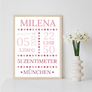 Personalisiertes Poster zur Geburt mit Geburtsdaten und Regenbogen per PDF Datei oder ausgedruckt in A4 optional mit Bilderrahmen