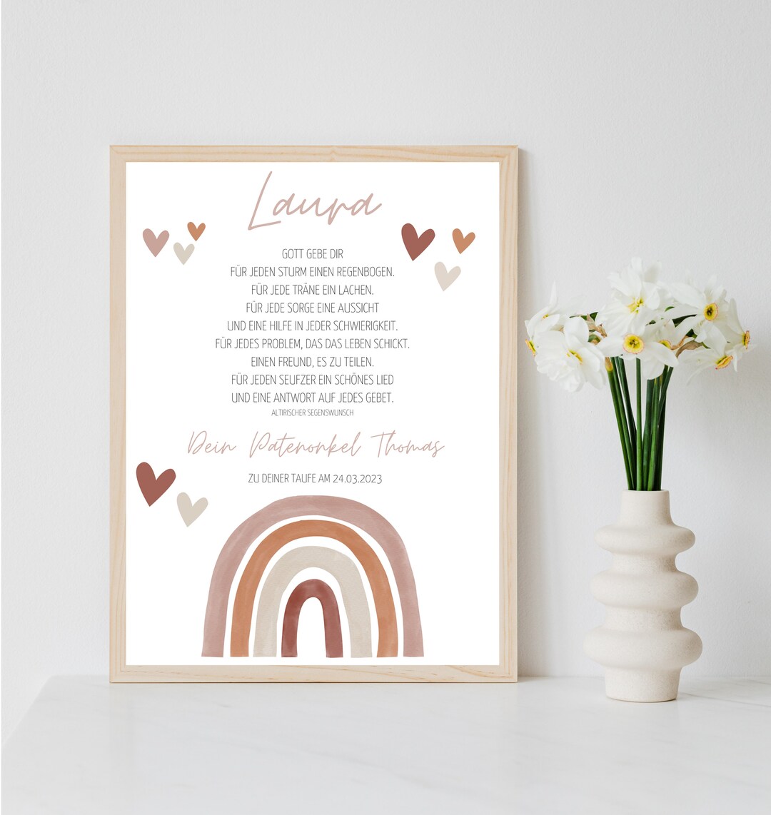 Personalisiertes Poster zur Taufe mit Regenbogen und Spruch per PDF