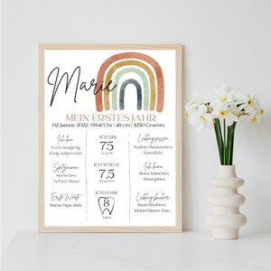 Personalisiertes Meilensteinposter zum ersten Geburtstag mit Regenbogen als Ausdruck oder per PDF optional mit Bilderrahmen