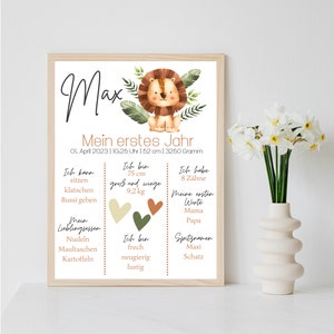 Personalisiertes Meilensteinposter zum ersten Geburtstag mit Tieren als Ausdruck oder per PDF optional mit Bilderrahmen