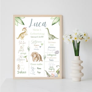 Personalisiertes Meilensteinposter zum ersten Geburtstag mit Dinosaurier per PDF Datei oder ausgedruckt A4 opt. mit Bilderrahmen