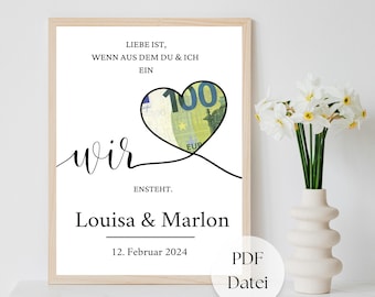 Regalo digital de boda en efectivo | Póster de boda | Regalo DIY para los novios | Regalo de boda en efectivo | Regalo personalizado en efectivo