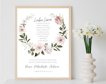 Könnte beinhalten: Eine druckbare Karte mit einem Blumenkranz und dem Text "Liebe Lena." Die Karte enthält eine Botschaft der Unterstützung und Liebe sowie den Text "Deine Patentante Antonia" unten. Die Karte ist datiert mit "Zu deiner Taufe am 24.02.2023".