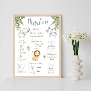 Personalisiertes Meilensteinposter zum ersten Geburtstag mit Safari Tiere per PDF Datei oder ausgedruckt A4 opt. mit Bilderrahmen