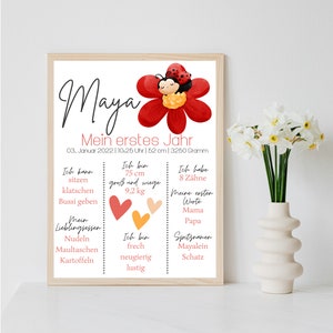 Personalisiertes Meilensteinposter zum ersten Geburtstag mit Marienkäfer als Ausdruck oder per PDF optional mit Bilderrahmen