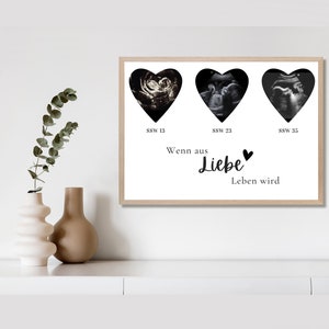 Poster Ultraschallbild dreifach Herz personalisiert | Erinnerung Schwangerschaft per PDF Datei oder ausgedruckt A4 optional mit Bilderrahmen