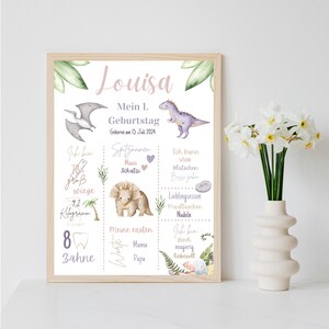 Personalisiertes Meilensteinposter zum ersten Geburtstag mit Dinosaurier per PDF Datei oder ausgedruckt A4 opt. mit Bilderrahmen
