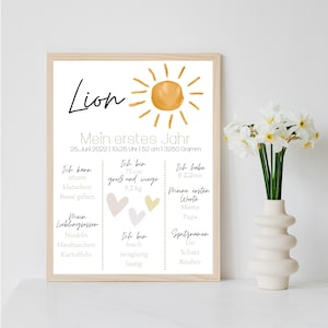 Personalisiertes Meilensteinposter zum ersten Geburtstag mit Sonne und Herzen als Ausdruck oder per PDF optional mit Bilderrahmen