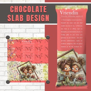 May include: Chocolate slab design with the word "Vriendin" on the packaging. The design features illustrations of two cartoon girls reading books, with a red and floral background. The text "CHOCOLATE SLAB DESIGN" is at the top.