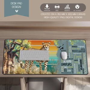 May include: A rectangular desk pad featuring a cheetah standing in a savanna landscape with a large tree and sunset background. The right side displays a collage of various words in different fonts. The design is for a 785 mm x 305 mm canvas.