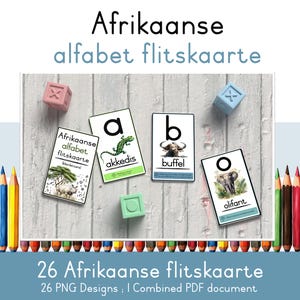 Pequena carta em africâner Flitskaarte, ideal para Suid Afrikaanse kinders wat letter identifikasie leer, geletterdheid of letras, Flashcards
