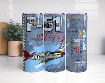 P-51 Mustang Airplanes Skinny Tumbler Sublimation Design PNG, Red Tail Planes Sublimation Tumbler Wrap,P-51 Aviation Sublimation Tumbler PNG