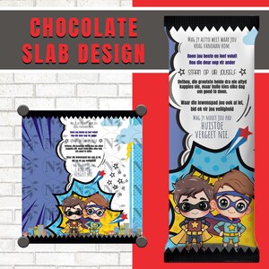 May include: A design for a chocolate slab with the text "CHOCOLATE SLAB DESIGN" in red. The design includes illustrations of cartoon superheroes and text in a foreign language. The background is blue with star and lightning bolt graphics.