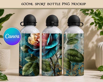 600ml Sports Water Bottle Canva Mockup PNG | Aluminium Bottle Sublimation Mockup | Transparent PNG Overlay | Drag & Drop | Instant Download