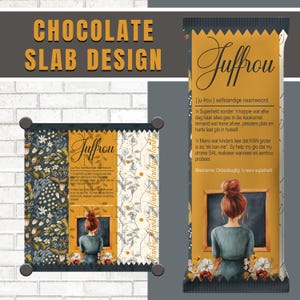 May include: Chocolate slab design featuring a package and a decorative display. The package has a yellow background with the word "Juffrou" in elegant script. The display shows a woman with a bun, facing a chalkboard.