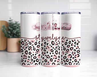 20oz Stywelyne Fishing Tumbler Design | Pink Leopard Print | Afrikaans Women's Fishing Sublimation PNG | Skinny Tumbler Wrap, Visvang vrou