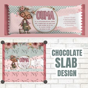 May include: A pink and white chocolate bar design featuring an illustration of a grandmother with glasses and a floral crown. The bar includes text in a circular embroidery hoop and a list of words.