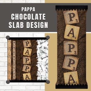 Puede incluir: Un diseño de tableta de chocolate con el texto "PAPPA CHOCOLATE SLAB DESIGN". El diseño presenta fichas de letras de madera que deletrean "PAPPA" y una textura similar al cuero marrón. También está presente el texto "ONS LIEFDE VIR PAPPA KAN NIE GEMEET WORD NIE".