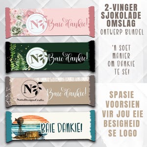 May include: Four chocolate bar wrappers with various designs. One has pink floral accents, another has green fern leaves, a third has a neutral color scheme, and the last features a windmill scene. Each wrapper includes the text "Baie dankie!"