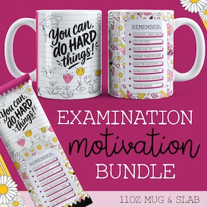 Puede incluir: Dos tazas de cerámica blanca de 312 ml y una placa rectangular con fondo de papel rayado, ilustraciones florales y texto motivacional que incluye You can do HARD THINGS y una lista titulada REMEMBER con frases como Dream big work hard.