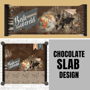May include: Chocolate slab design with a world map, globe, and paper airplane illustrations. The text "Beste in die wereld" is displayed on a banner. The design has a brown leather texture background.