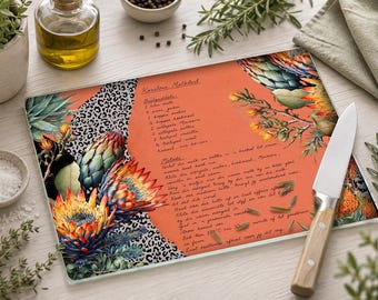 Korslose Melktert Snybord Resep PNG | Afrikaans Melktert Recipe | Protea Leopard Print Cutting board Design | South African Kitchen | A4