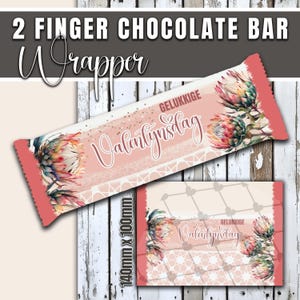 May include: A pink and white chocolate bar wrapper with the text "2 Finger Chocolate Bar Wrapper". The wrapper features floral illustrations and the words "Gelukkige Valentynsdag". The dimensions are 140mm x 100mm.