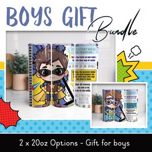 May include: A gift bundle for boys, including two 590ml tumblers. The tumblers feature a superhero design with cartoon illustrations and text. The text includes phrases like "Boys Gift Bundle" and "Stand up for yourself."