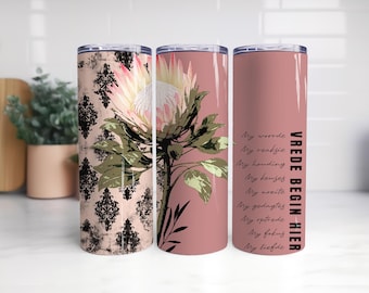 King Protea Tumbler Wrap, Vrede begin hier, Pink Protea 20oz Skinny Tumbler Wrap Design PNG