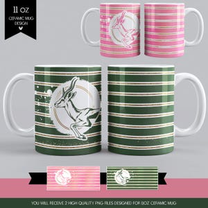 May include: Two 11 oz ceramic mugs featuring a leaping gazelle graphic inside a circular frame. One mug has pink and gold horizontal stripes, while the other has dark green and gold horizontal stripes. The design includes a white splatter effect.