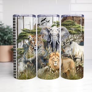 Opakowanie na kubek Big 5 Africa 20 uncji | Rustykalne tło ze skóry i drewna | Wzór sublimacji ze zwierzętami safari | Naturalna dzika przyroda w formacie PNG